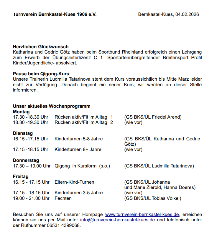 Katharina und Cedric Götz erwarben die Übungsleiterlizenz C 1. Der Qigong-Kurs ist pausiert.