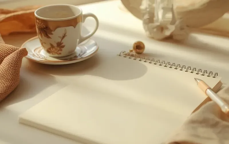 Schreibtisch mit Kaffeetasse und Notizbuch