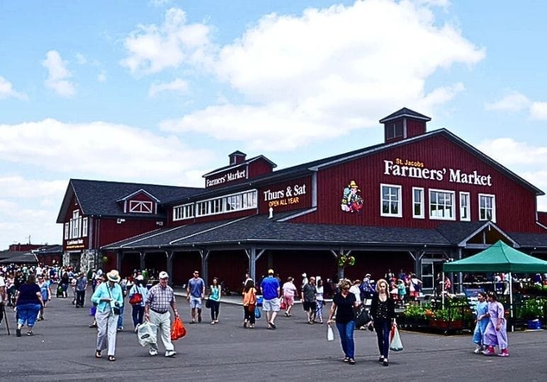 St. Jacobs Farmers’ Market stalls with local produce and Mennonite vendors