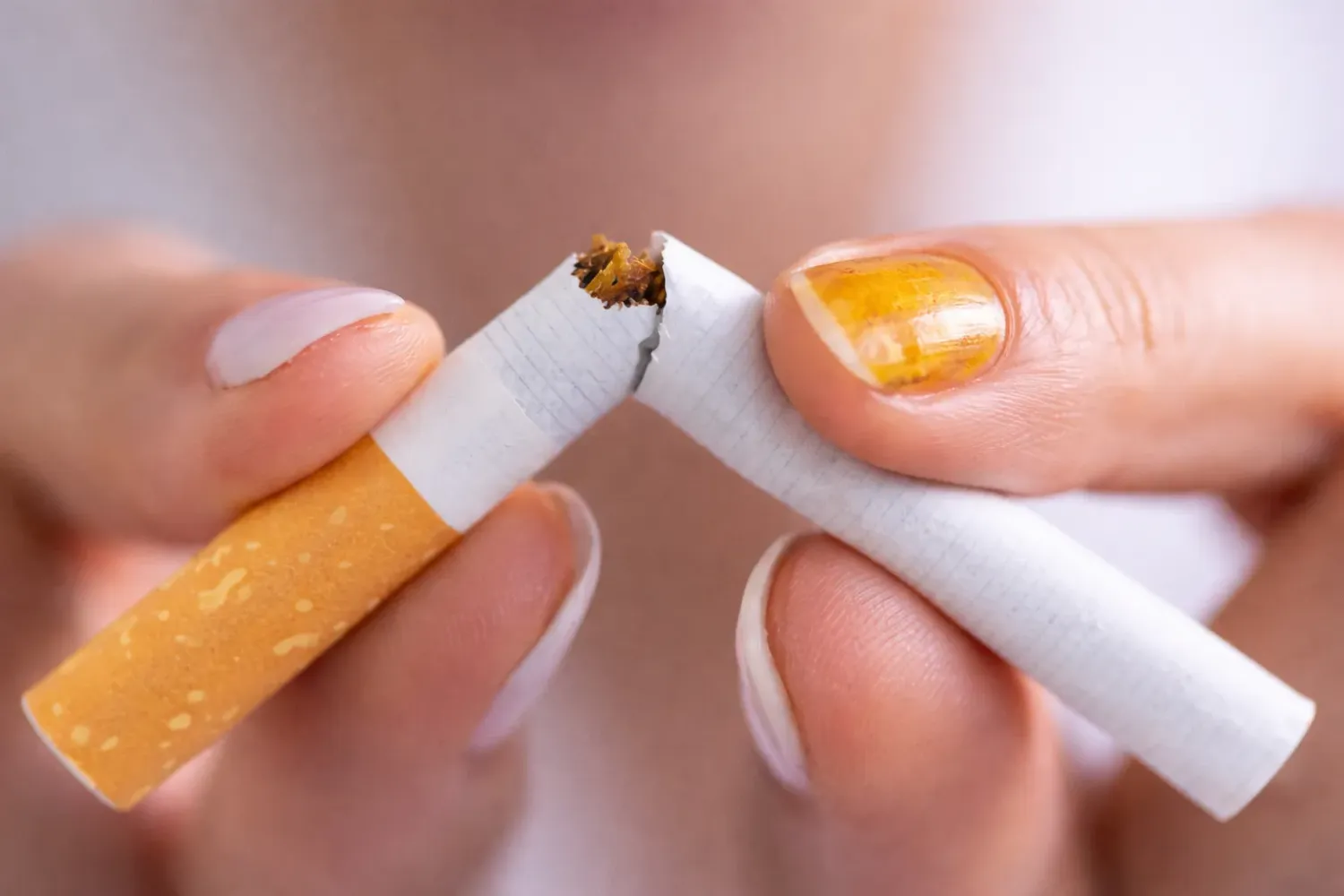Billedet viser et par hænder knække en cigaret hvor den ene negl er gul