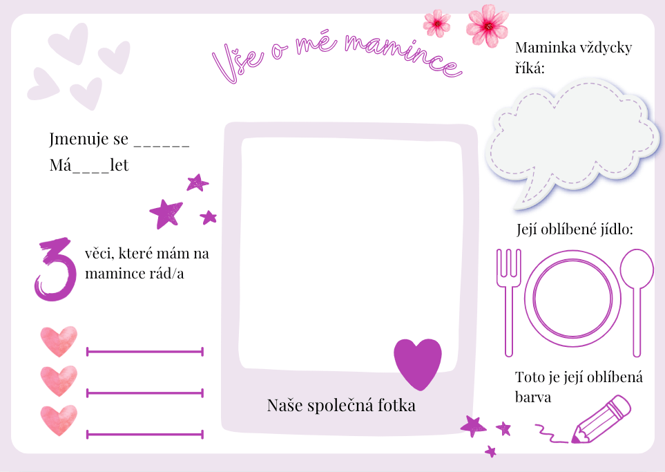 Pracovní list - den matek (vše o mé mamince)