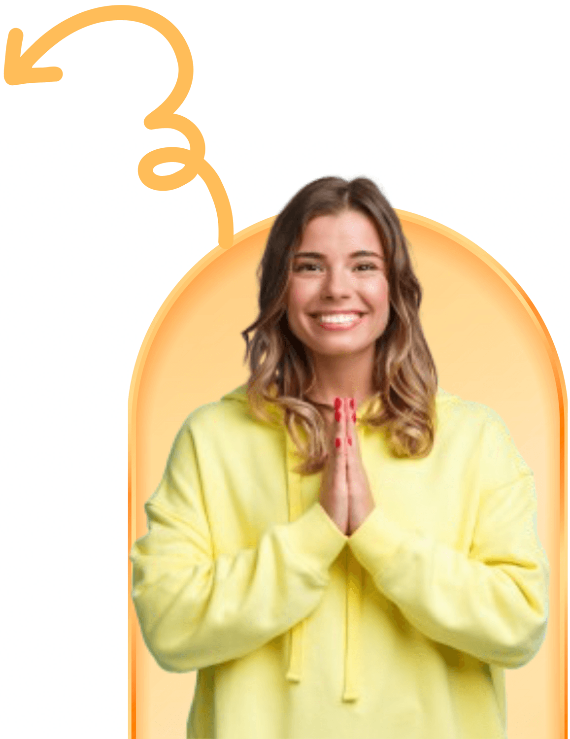 Jeune femme joyeuse remerciant avec les mains jointes