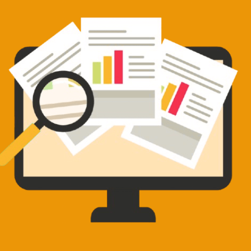 illustration d'un ordinateur avec des documents devant et une loupe