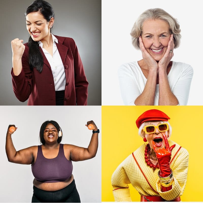 4 different women, each cheering or celebrating - growth-focused mindset
