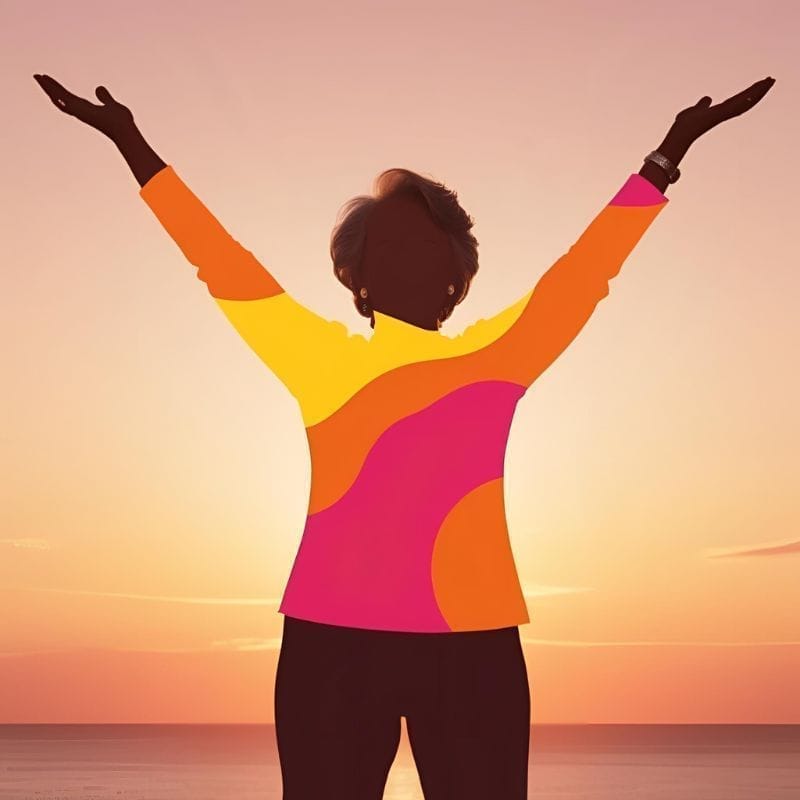 Graphic: a vibrant woman reaching out to a glowing sunset
