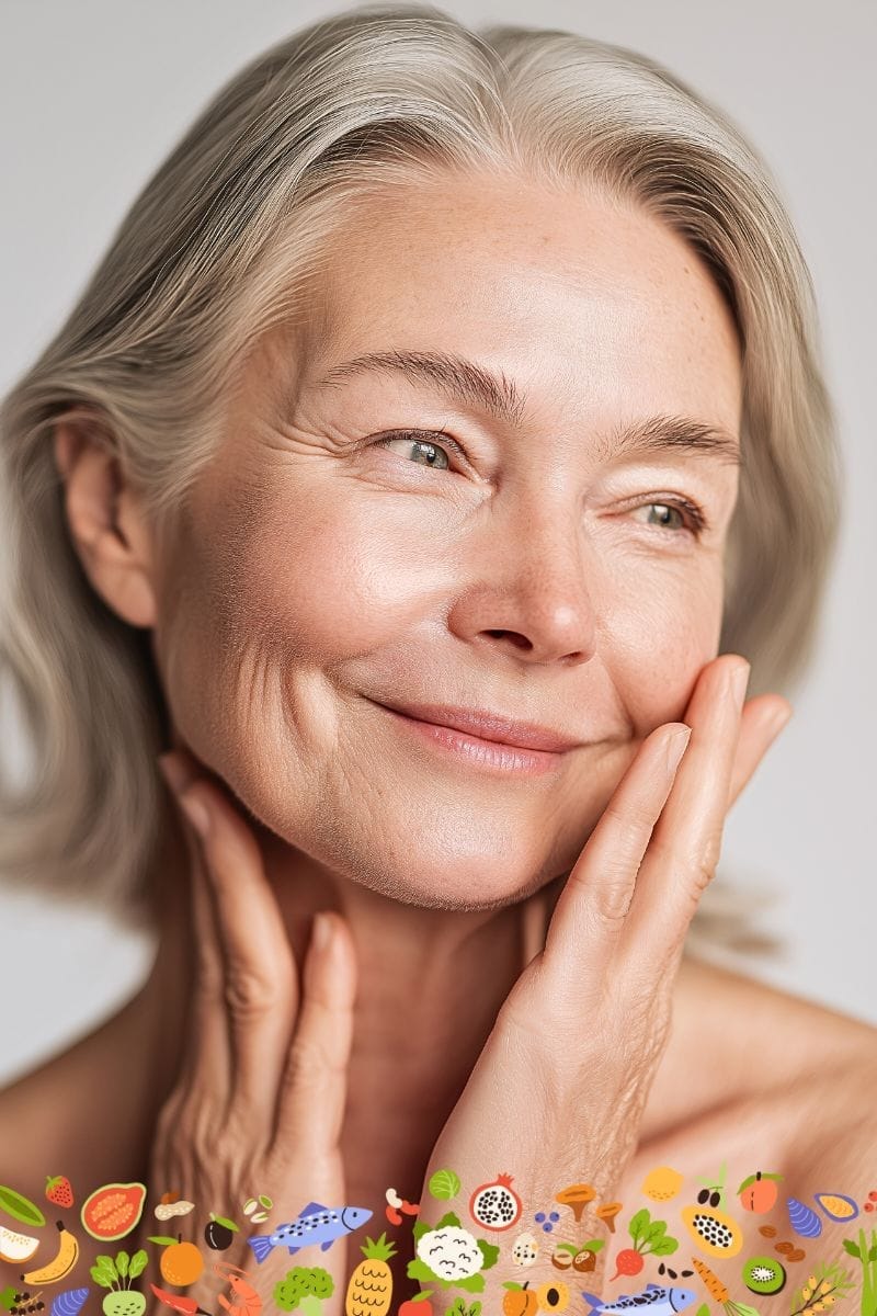 Middle-aged woman healthy glowing skin by eating nutritious foods - the benefits of Wildfit