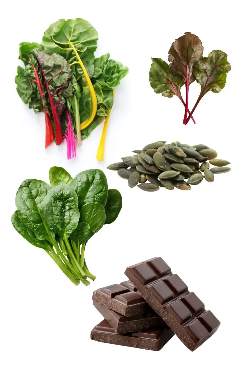 Top magnesium-rich foods for women over 50 to lower systemic inflammation including spinach, Swiss chard, and pumpkin seeds