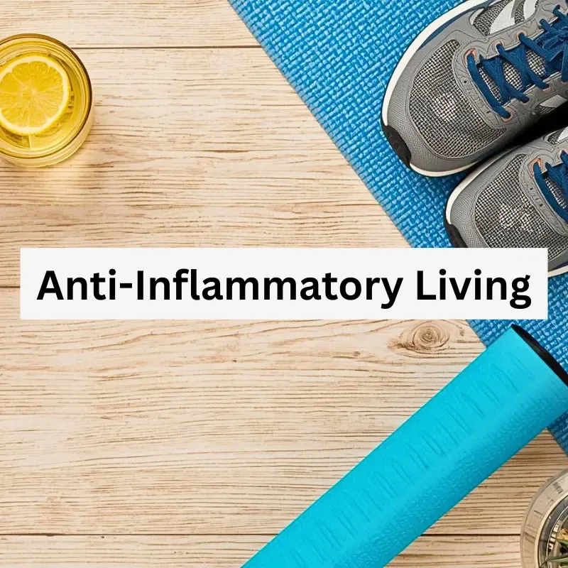 Anti-inflammatory meal with salmon, greens, and olive oil next to running shoes representing a midlife health reset