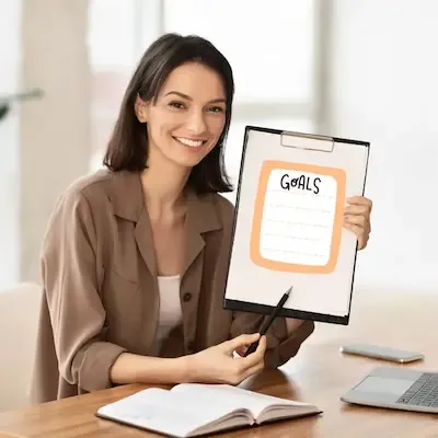 woman holding up a goal setting planner - free tools