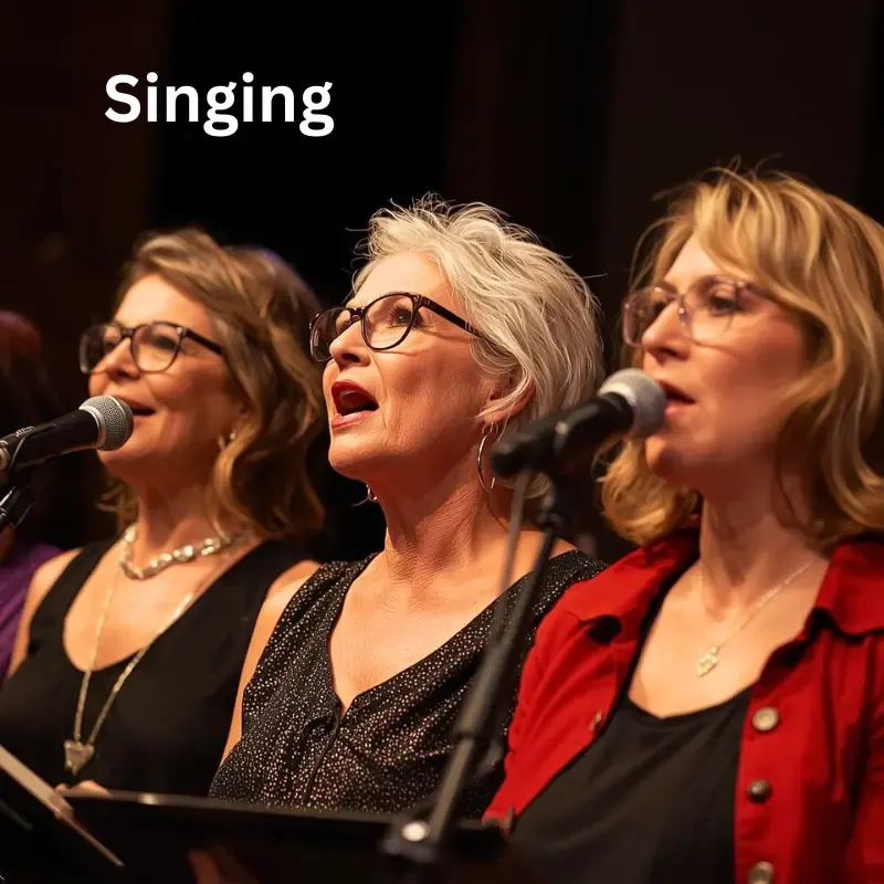 Women over 50 singing , singing stimulates the Vagus nerve through vocal cord vibration for stress relief.
