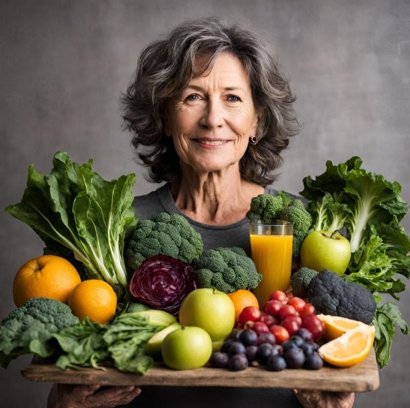 Vibrant looking woman with healthy foods, representing healthy living for women 50+