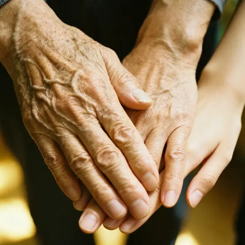 Three generations of hands resting on top of each other to show family support and the emotional bond of the sandwich generation.
