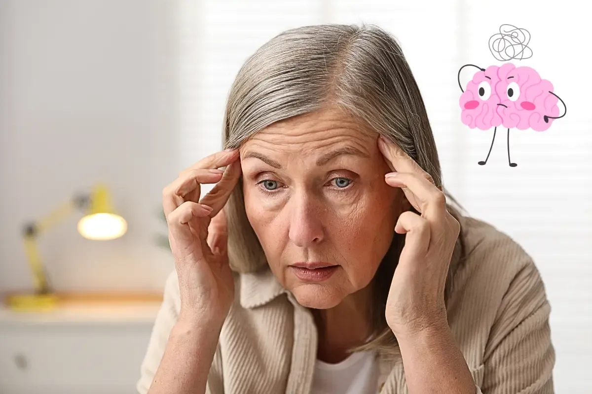 A woman over 50 with her hands on her face looking confused, with a graphic showing mental clutter and brain fog.