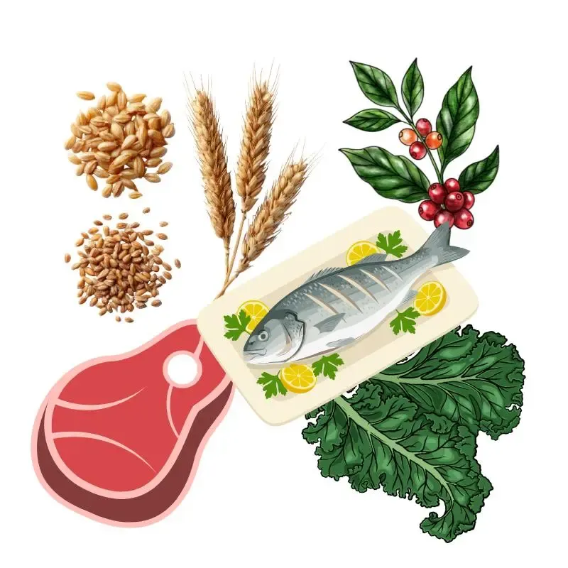 Nordic food sources like whole grains, fatty fish, green leafy vegetables, , lingonberries, wild game meat