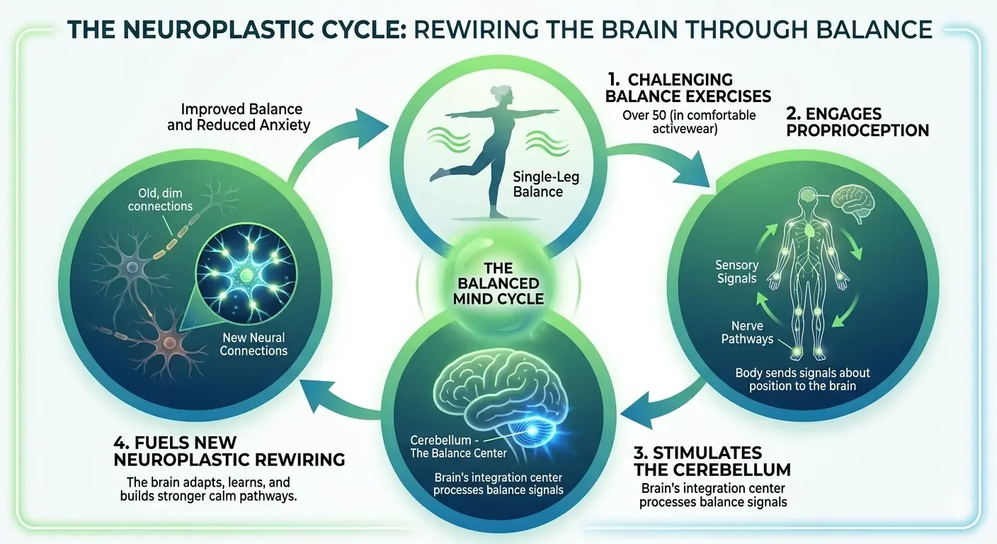 An infographic explaining how balance exercises for women over 50 help reduce menopause anxiety by rewiring the brain.