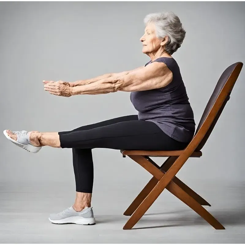 Middle-aged woman doing chair exercises for lasting strength
