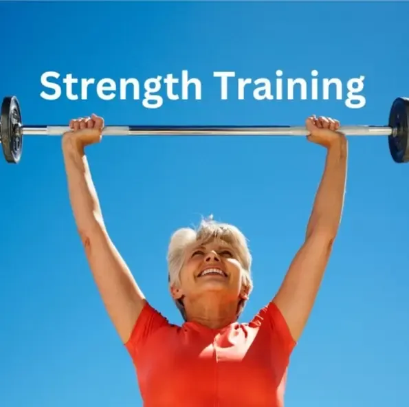 Middle-aged woman holding up a bar for strength training