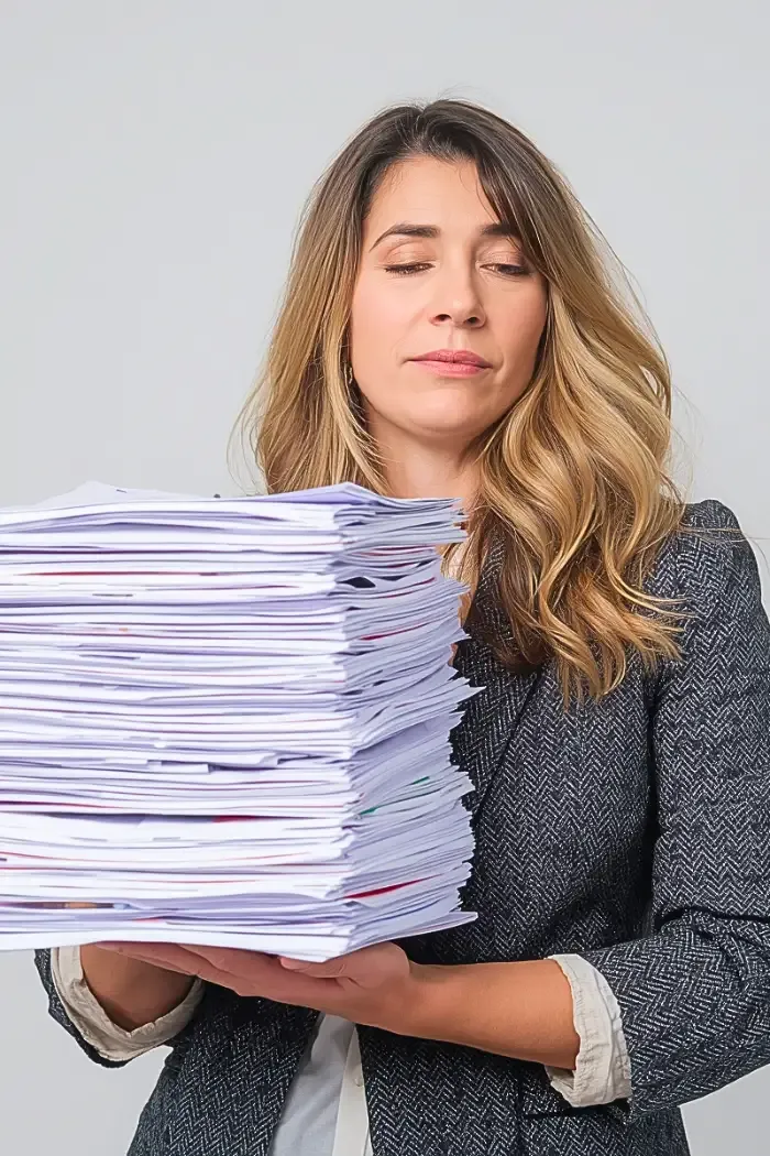 a woman taking a load of work, representing people pleasing behaviour due to childhood expectations