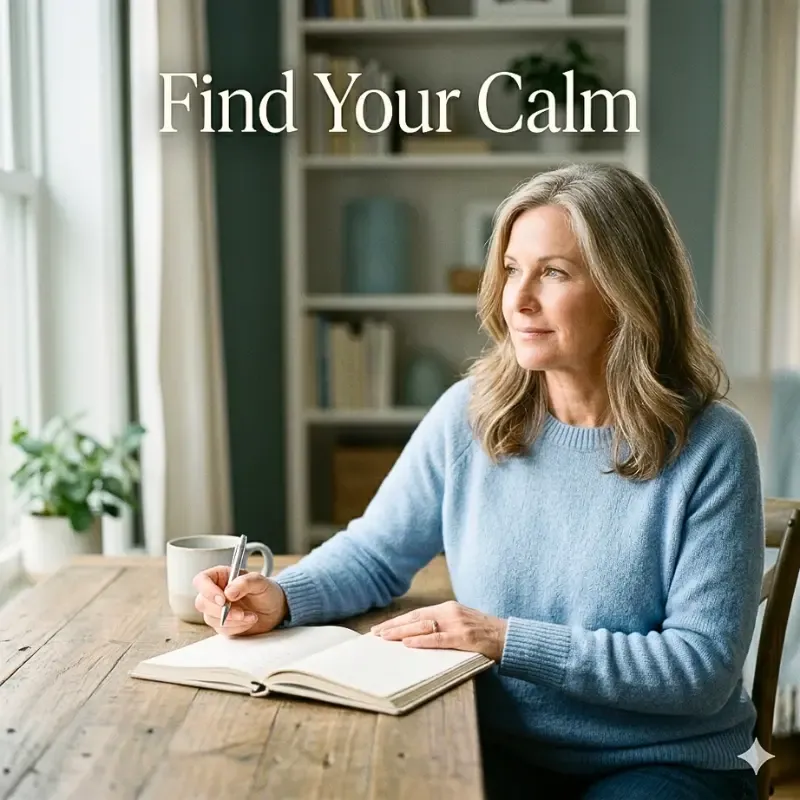 A woman over 50 writing in her journal, clearing the roots of stress