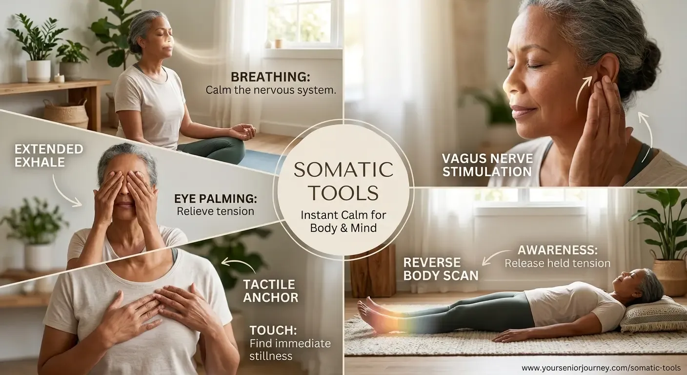 An visual guide showing easy somatic tools for instant calm, including deep breathing, vagus nerve massage, hand on chest tactile anchor, eye palming, and a reverse body scan.