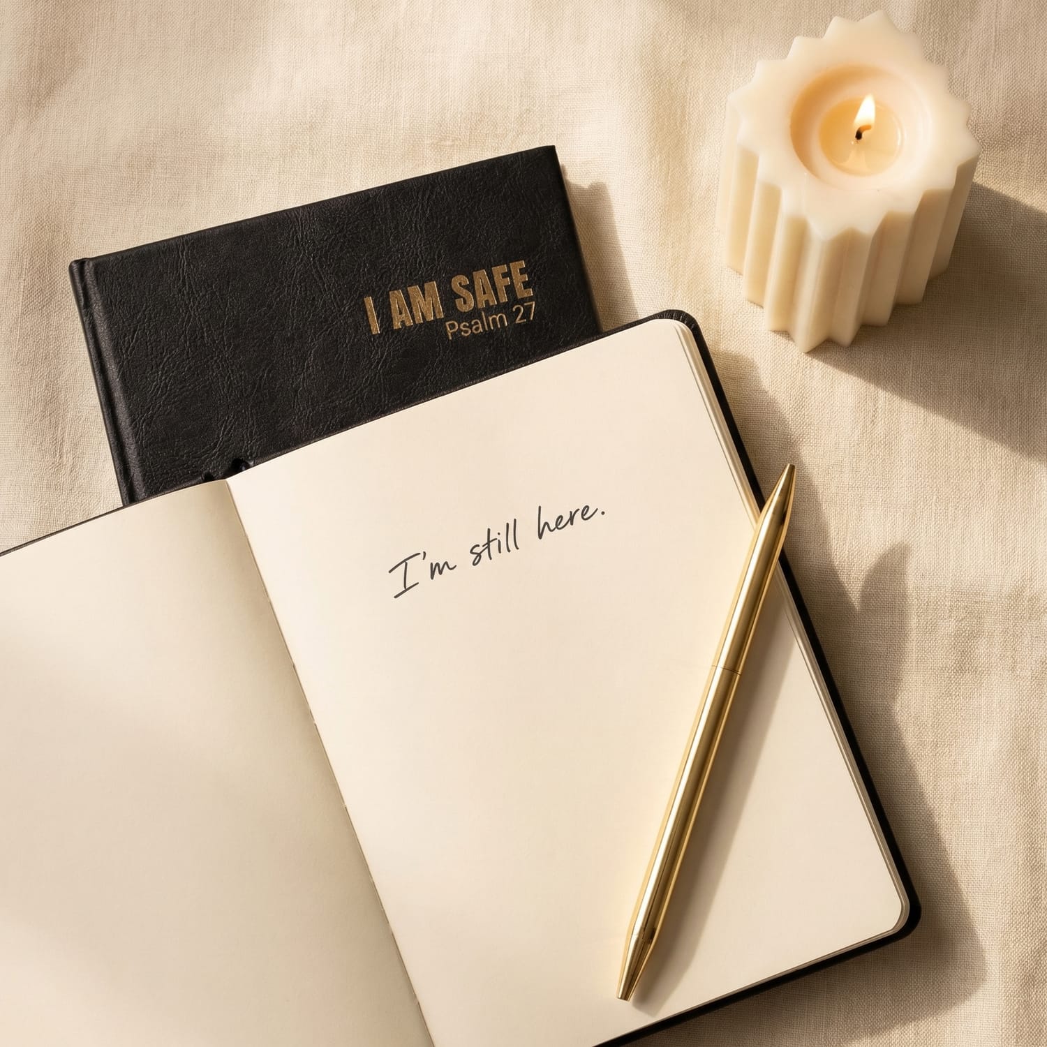 I AM SAFE Journal luxury vegan leather guided journal open with gold pen, a faith-based tool for women building through fear and spiritual hardship