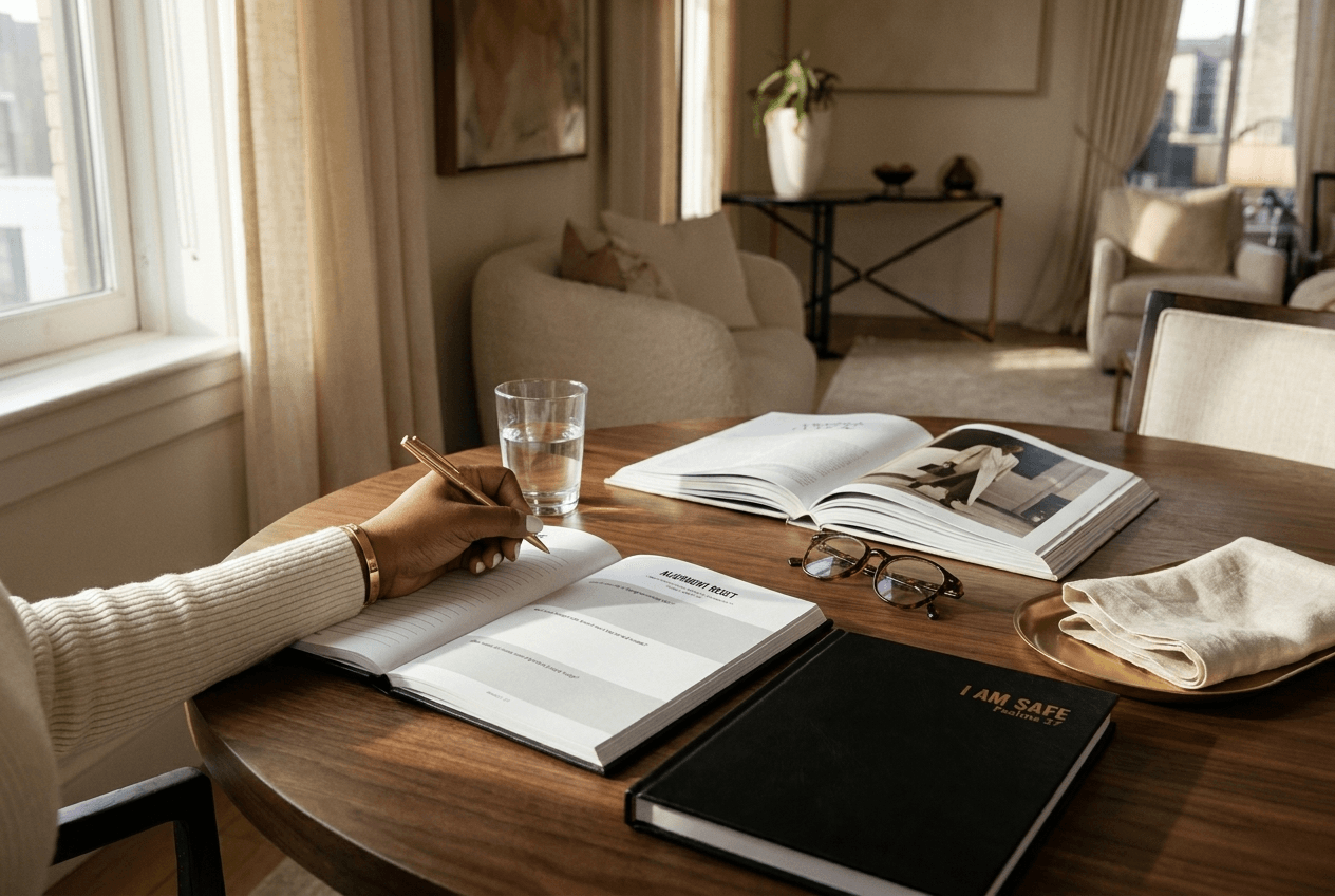 Open guided journal showing structured writing prompts