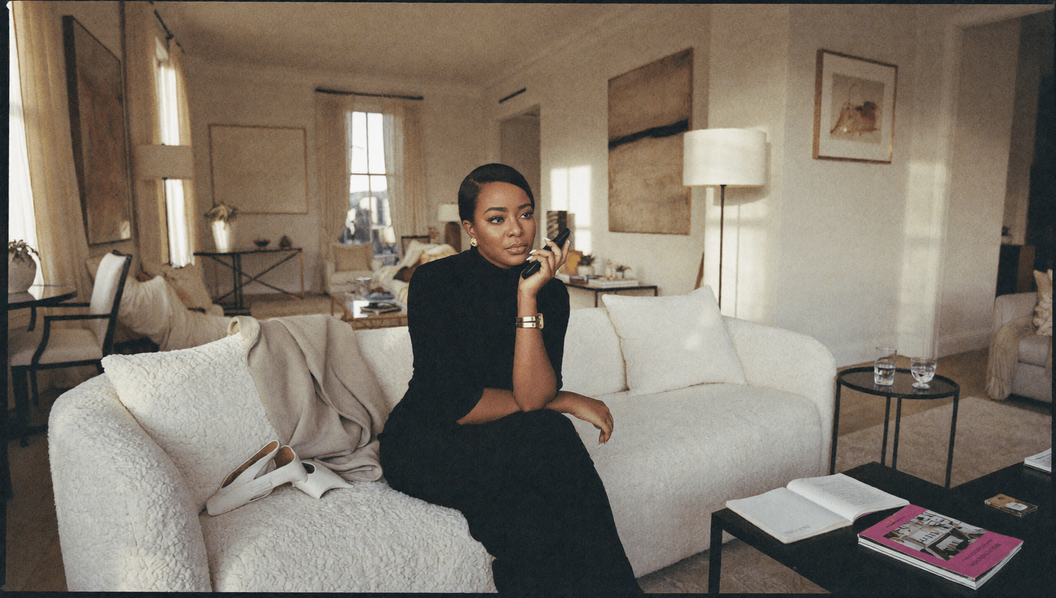 Woman seated in a lived-in room with a guided journal