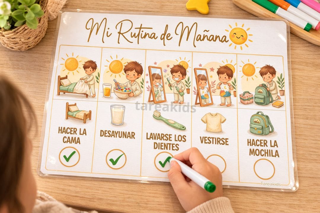 Rutina de mañana para niños de Tarea Kids: tabla interactiva con 5 pasos para fomentar la autonomía infantil con ilustraciones estilo acuarela.