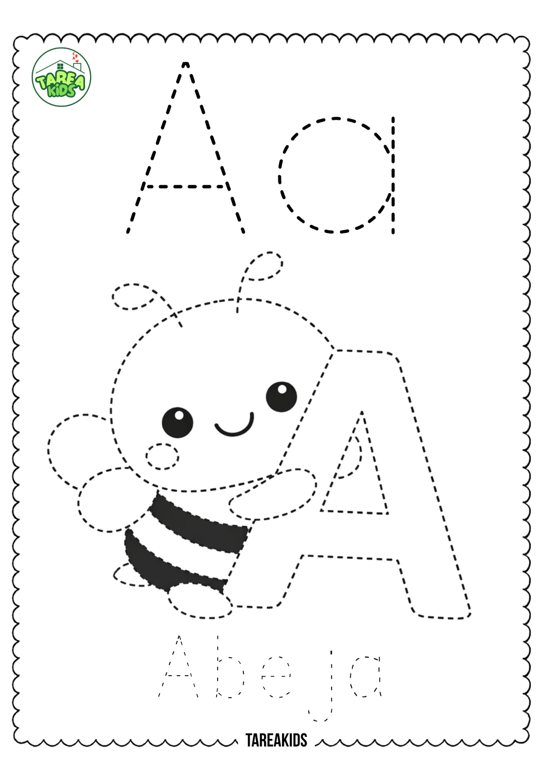  Ficha imprimible para trazar la letra A mayúscula y minúscula con dibujo de abeja — actividad abecedario niños TareaKids