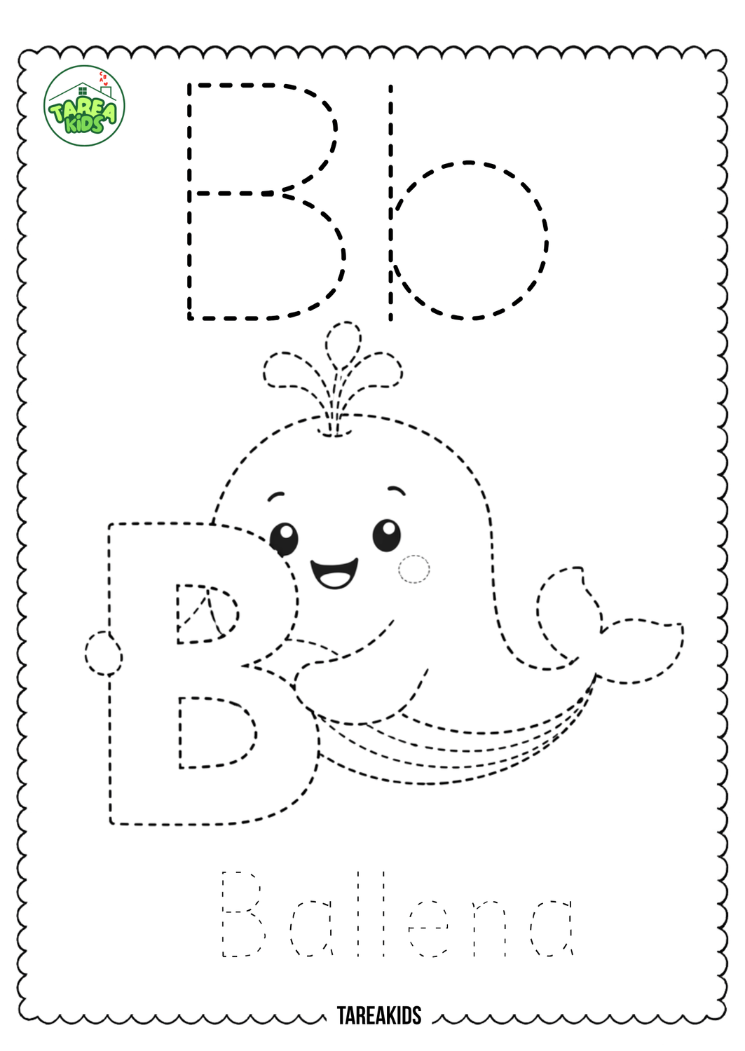 Ficha punteada de la letra B con ballena para colorear — aprender letras jugando en preescolar