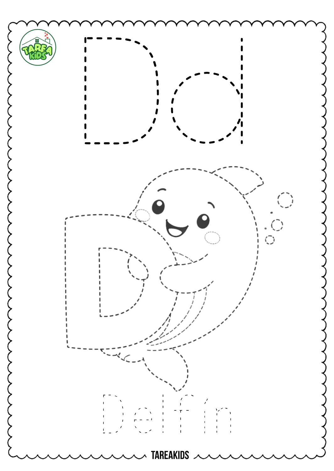  Ficha imprimible letra D de delfín para niños — abecedario punteado TareaKids