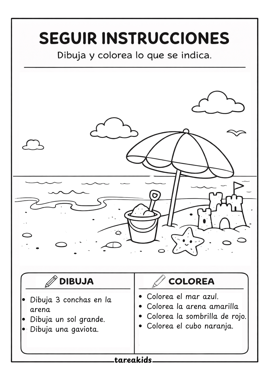 actividad infantil seguir instrucciones playa imprimible — ficha dibujar y colorear TareaKids