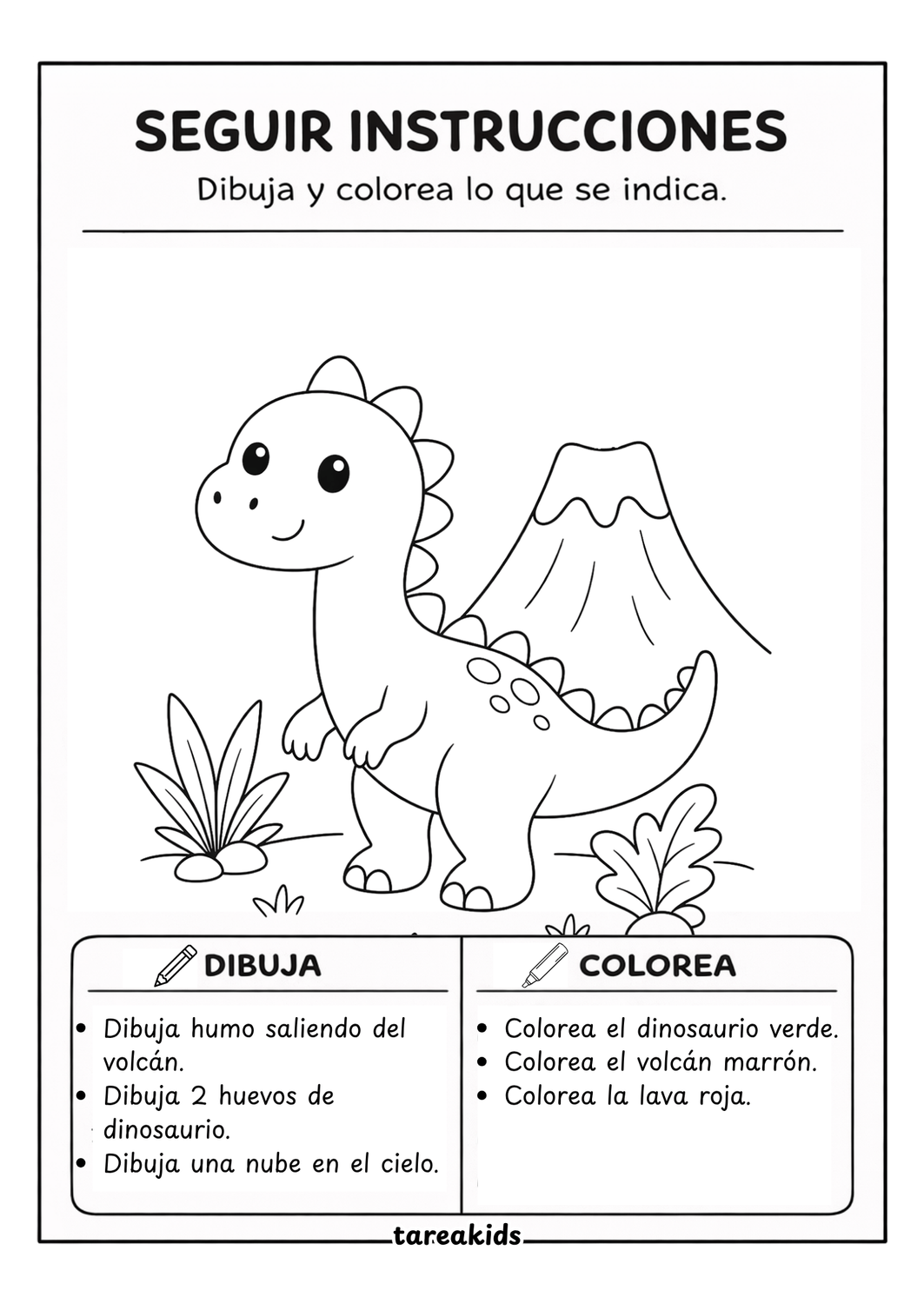 ficha niños dibujar y colorear dinosaurio volcán — actividad seguir instrucciones imprimible TareaKids
