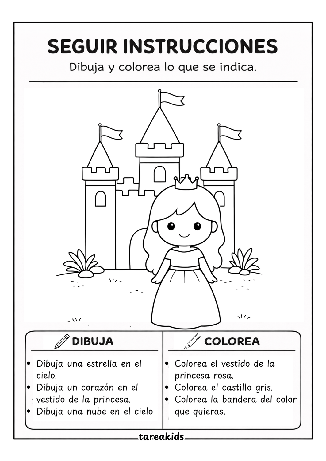 ficha imprimible princesa castillo seguir instrucciones niños — actividad dibujar y colorear preescolar