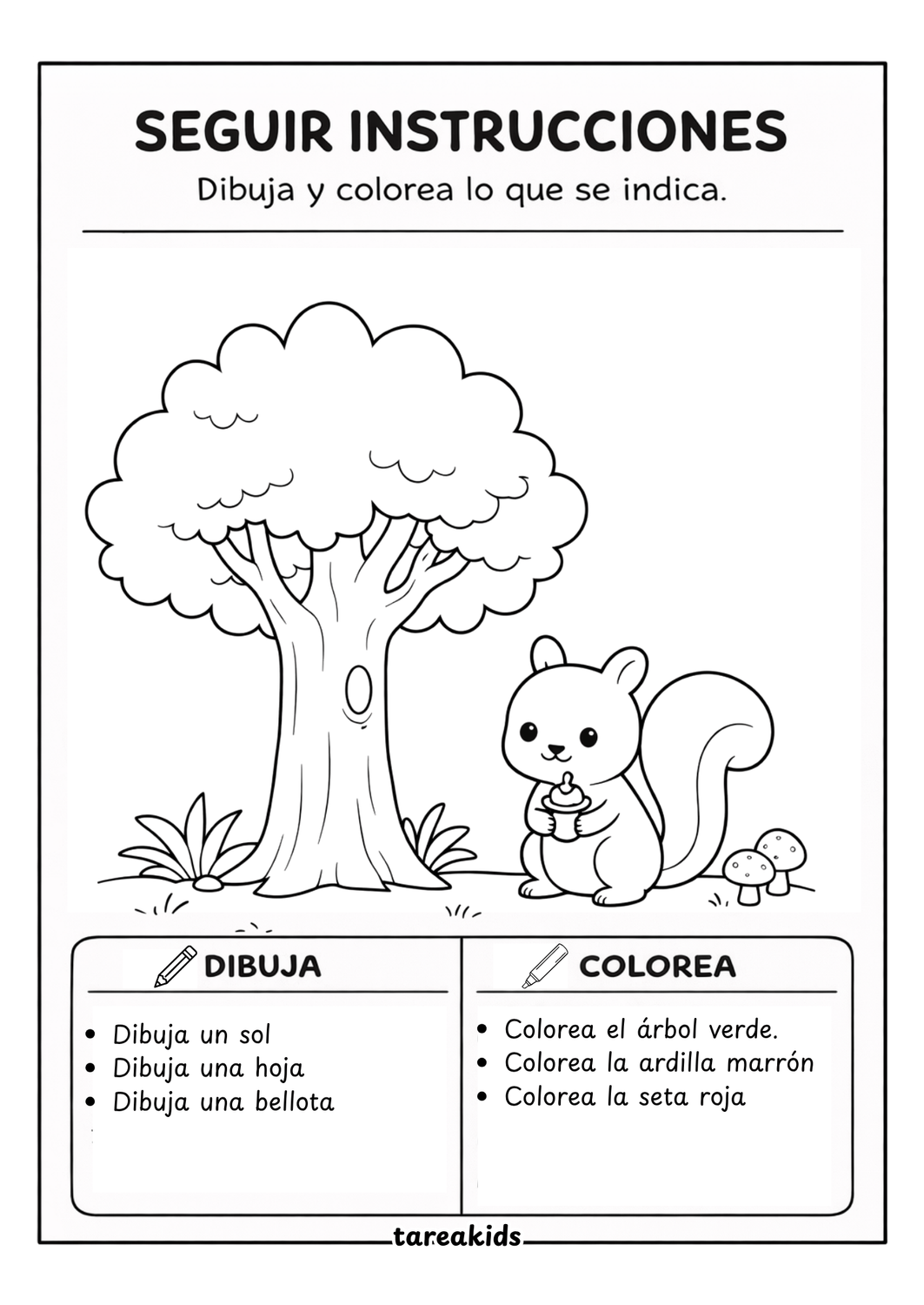 actividad educativa ardilla bosque dibujar y colorear — ficha seguir instrucciones niños 3 a 6 años