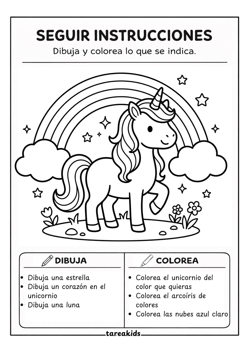 ficha unicornio arcoíris actividad seguir instrucciones niños imprimible — dibujar y colorear preescolar