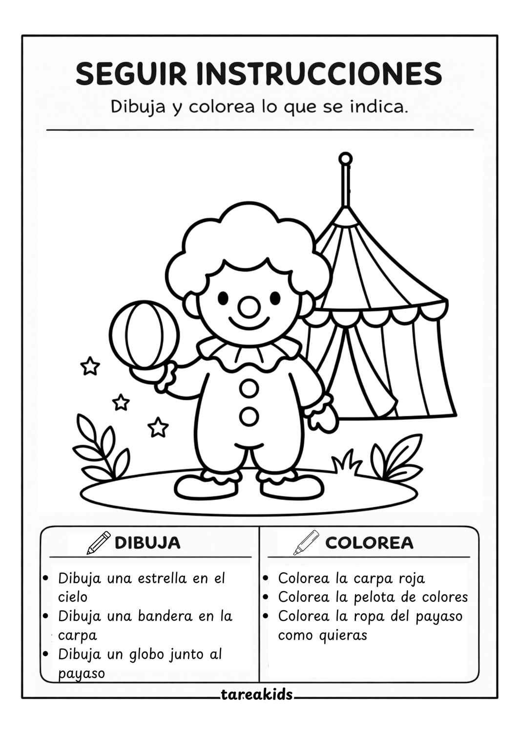  actividad infantil imprimible circo payaso seguir instrucciones — ficha dibujar y colorear niños