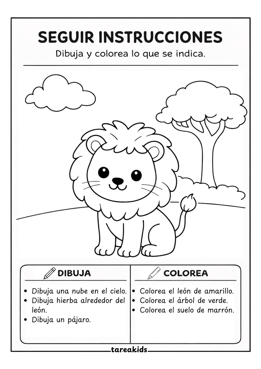 ficha imprimible león safari dibujar y colorear — actividad seguir instrucciones niños educación infantil TareaKids