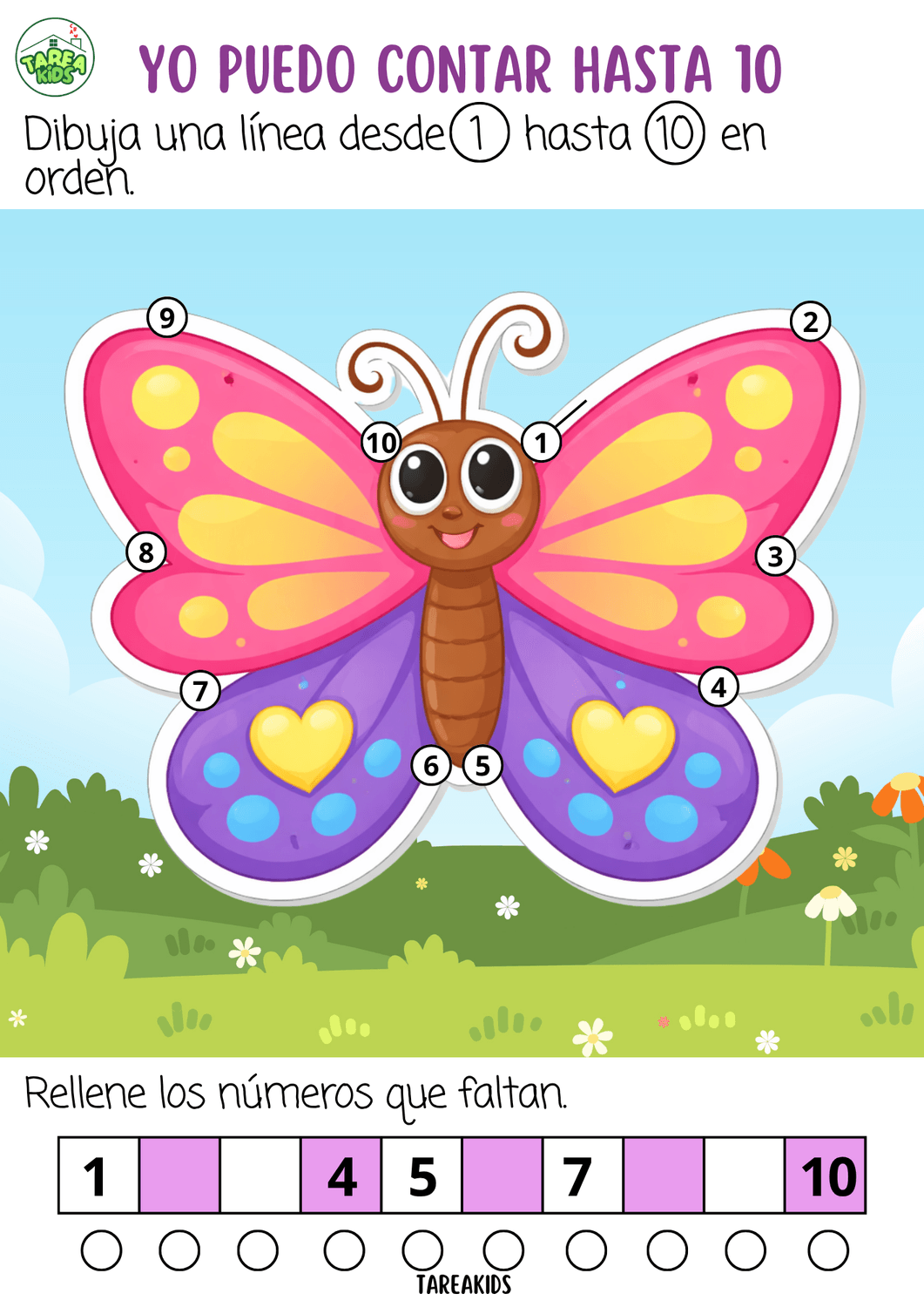 actividades primavera niños contar hasta 10 mariposa imprimible — ficha educativa TareaKids