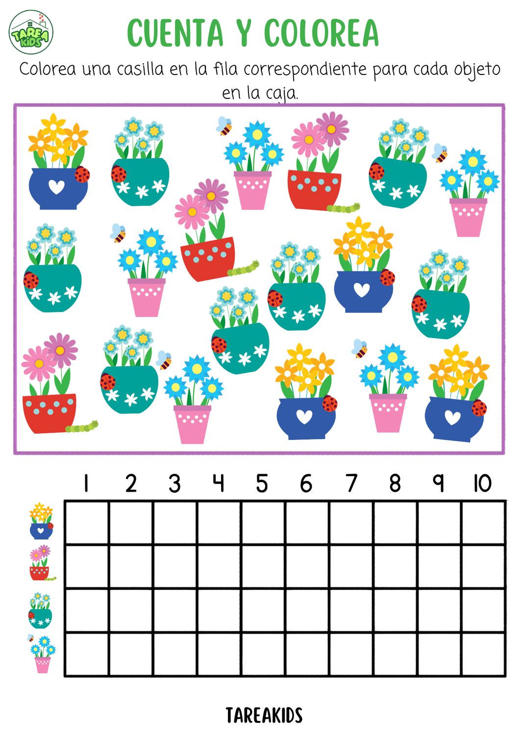 cuenta y colorea primavera niños ficha imprimible — actividades matemáticas primavera infantil