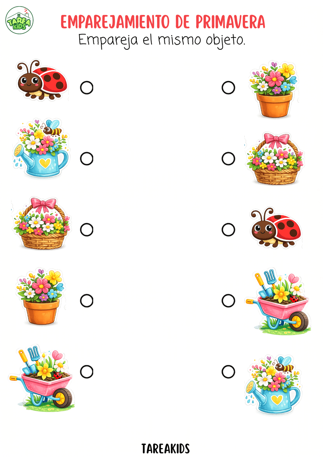 emparejamiento primavera niños ficha imprimible — actividades lógica infantil primavera TareaKids