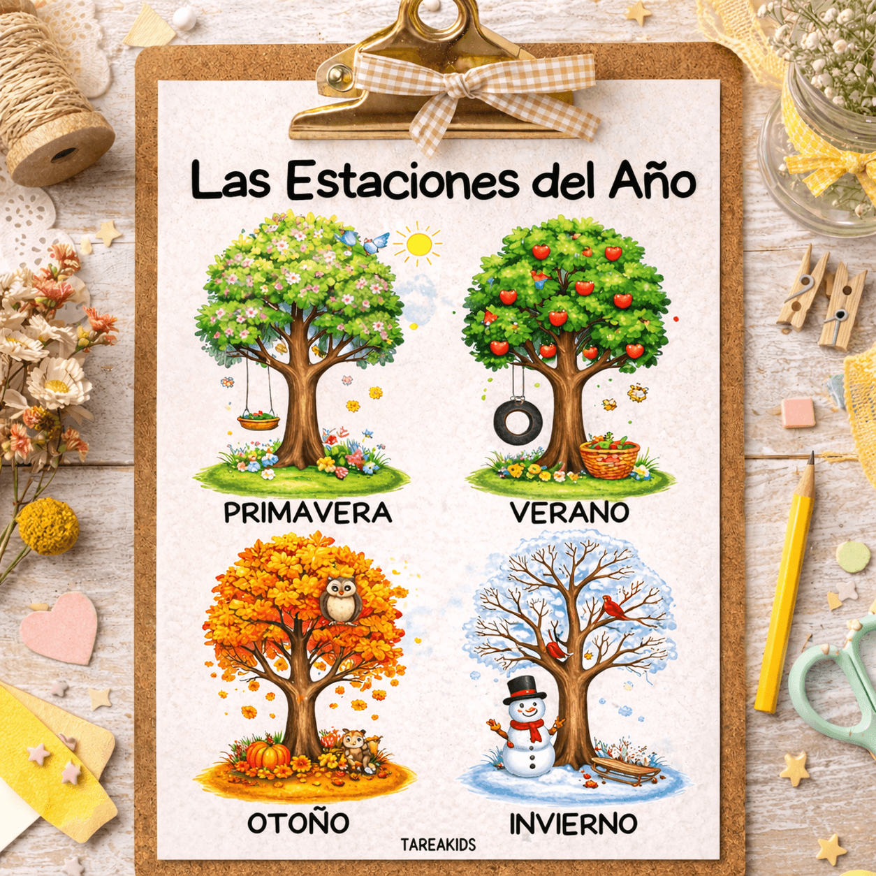 Póster imprimible de las 4 estaciones del año para niños — primavera, verano, otoño e invierno — Tarea Kids