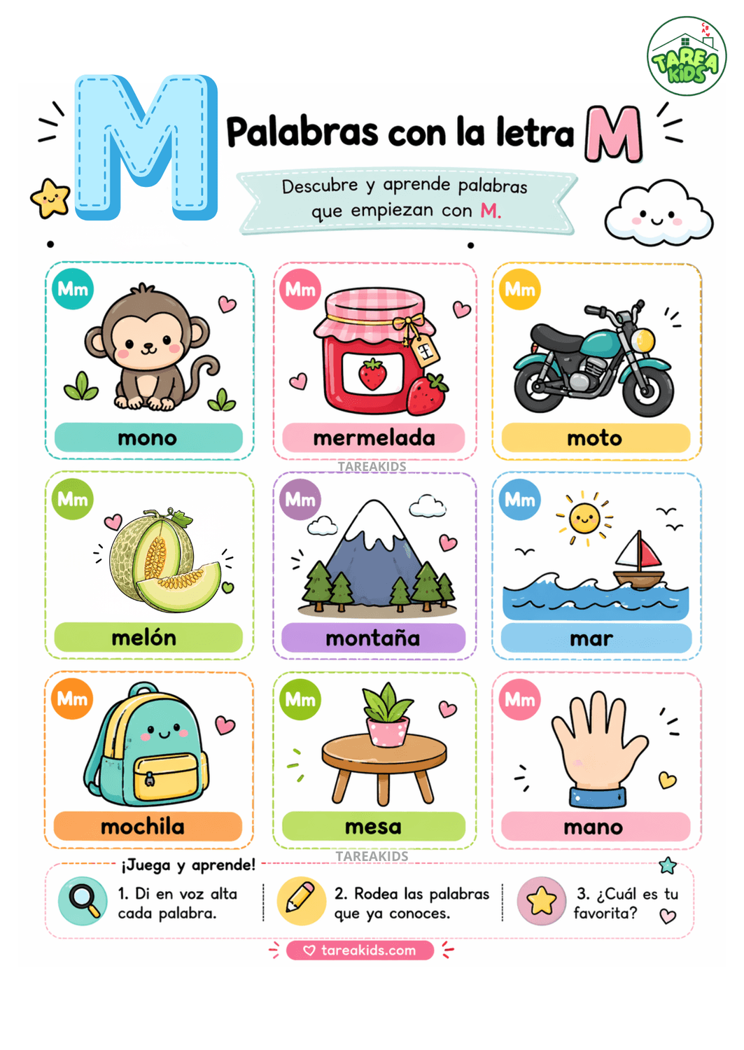 Ficha imprimible gratuita de palabras con M para niños de 3 a 6 años con dibujos kawaii