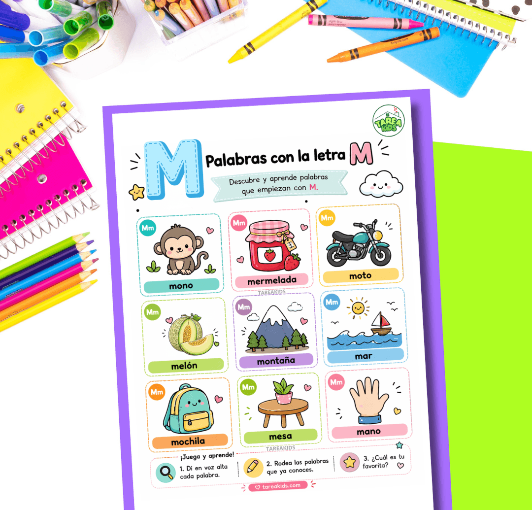 Ficha visual con palabras con la letra M para niños: mono, mermelada, moto, melón, montaña, mar, mochila, mesa y mano, con ilustraciones kawaii