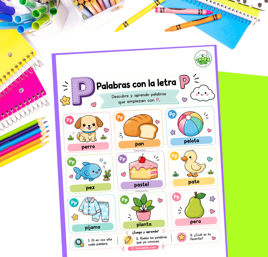 Ficha visual con palabras con la letra P para niños: pelota, perro, paraguas, pez, pájaro, pizza, pulpo, piano y palmera, con ilustraciones coloridas