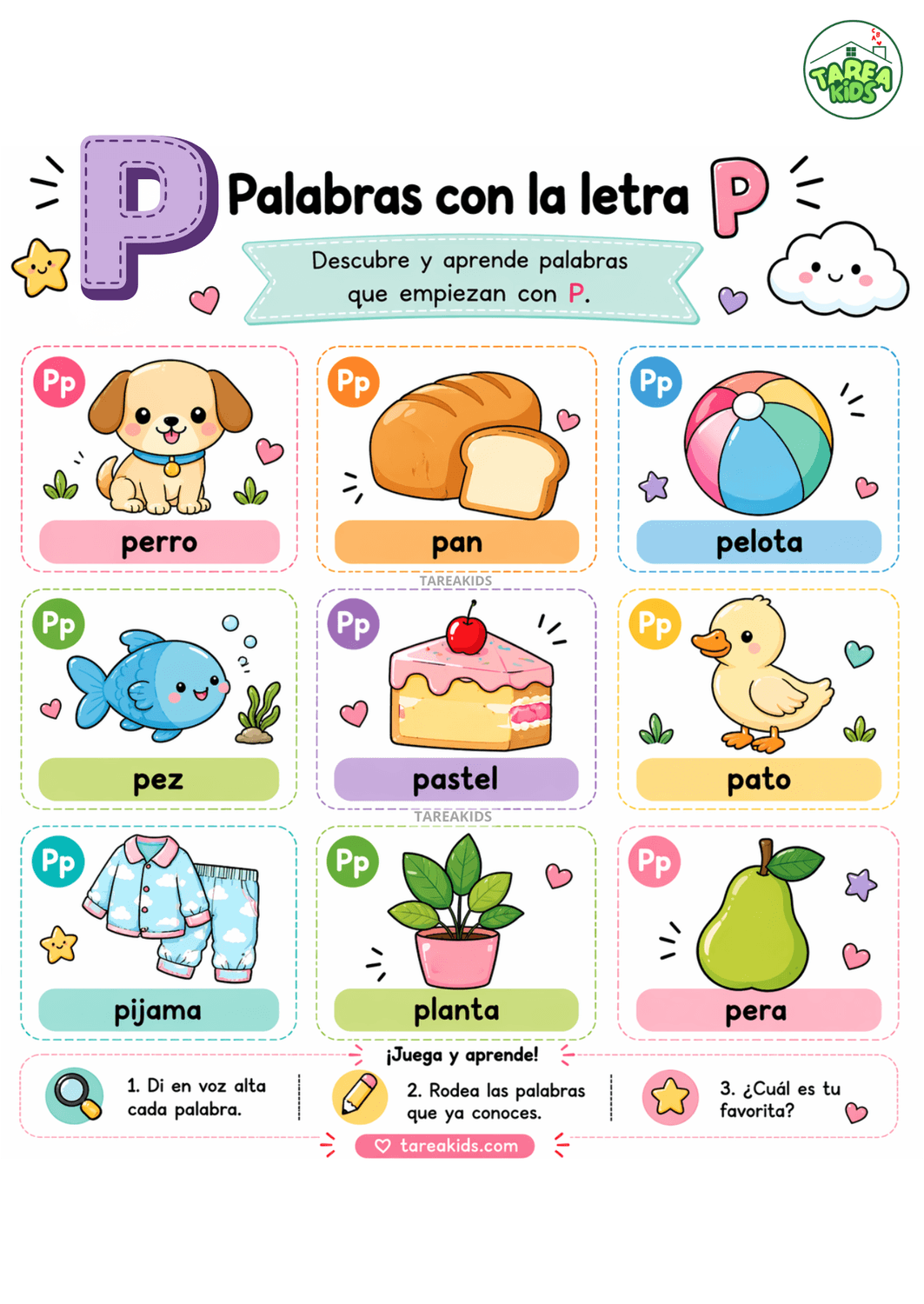 ficha visual con palabras con P — pelota, perro, pan, pez, pato, pijama, pastel, pera, planta