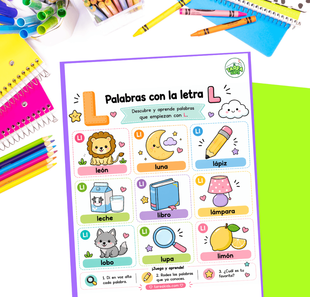 Ficha visual con palabras con la letra L para niños: león, luna, lápiz, leche, libro, lámpara, lobo, lupa y limón, con ilustraciones kawaii coloridas