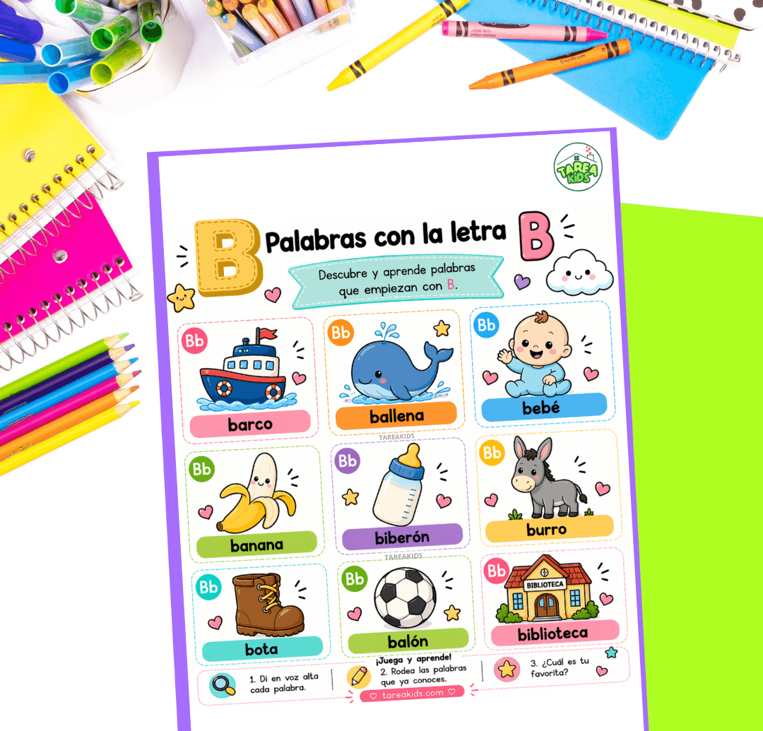 Ficha visual con palabras con la letra B para niños: barco, ballena, bebé, banana, biberón, burro, bota, balón y biblioteca, con ilustraciones kawaii