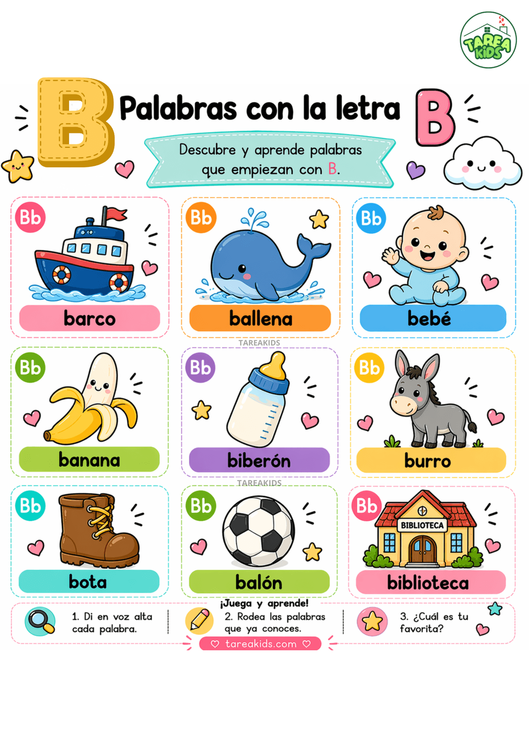 Ficha visual palabras con B para niños — barco, ballena, bebé, banana, biberón, burro, bota, balón y biblioteca