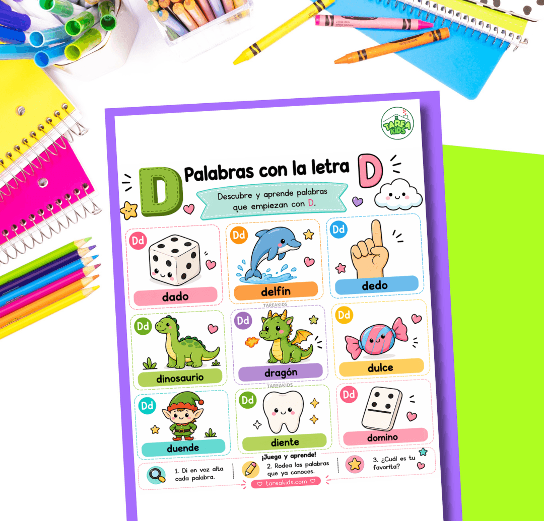Ficha visual con palabras con la letra D para niños: dado, dedo, diente, dinosaurio, delfín, dulce, ducha, dragón y dominó, con ilustraciones coloridas